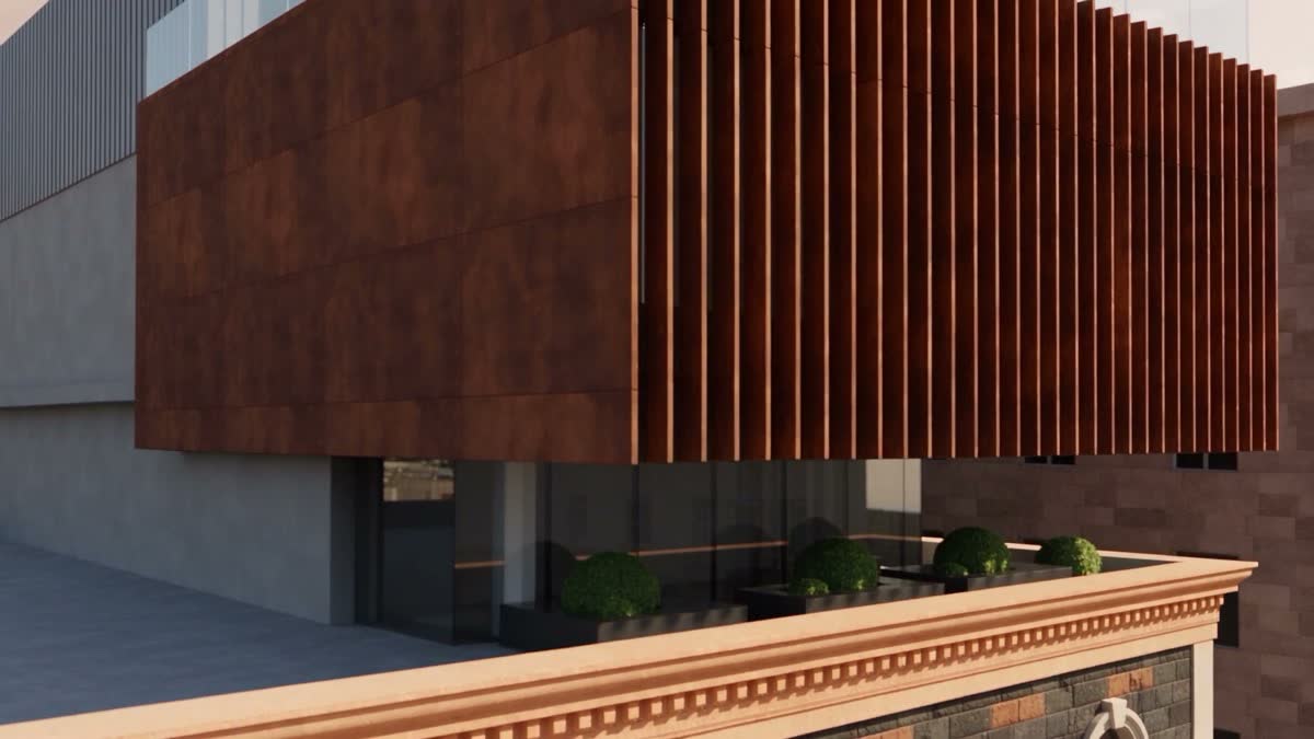 The third-floor terrace with planters, sheltered under the corten cantilever.